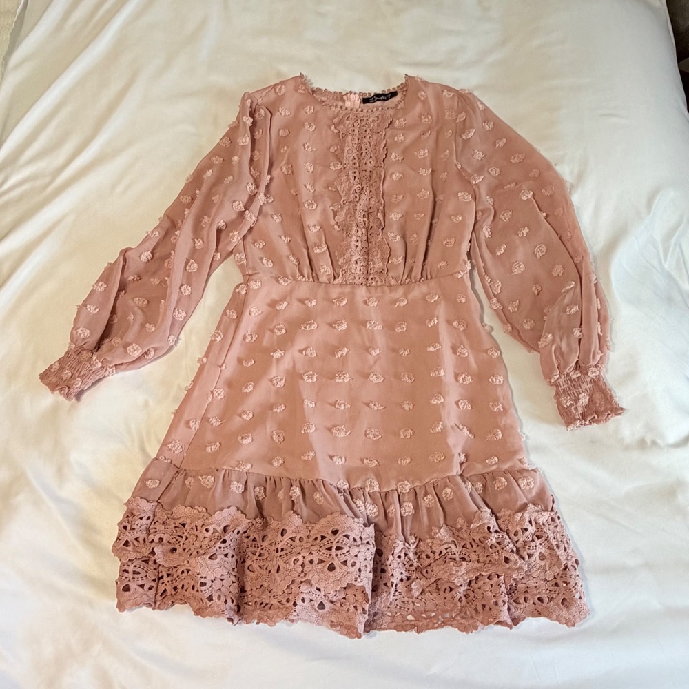 Simplee Pink Swiss Dot Lace Trim Mini Dress Long Sleeve Boho Ruffle Size S